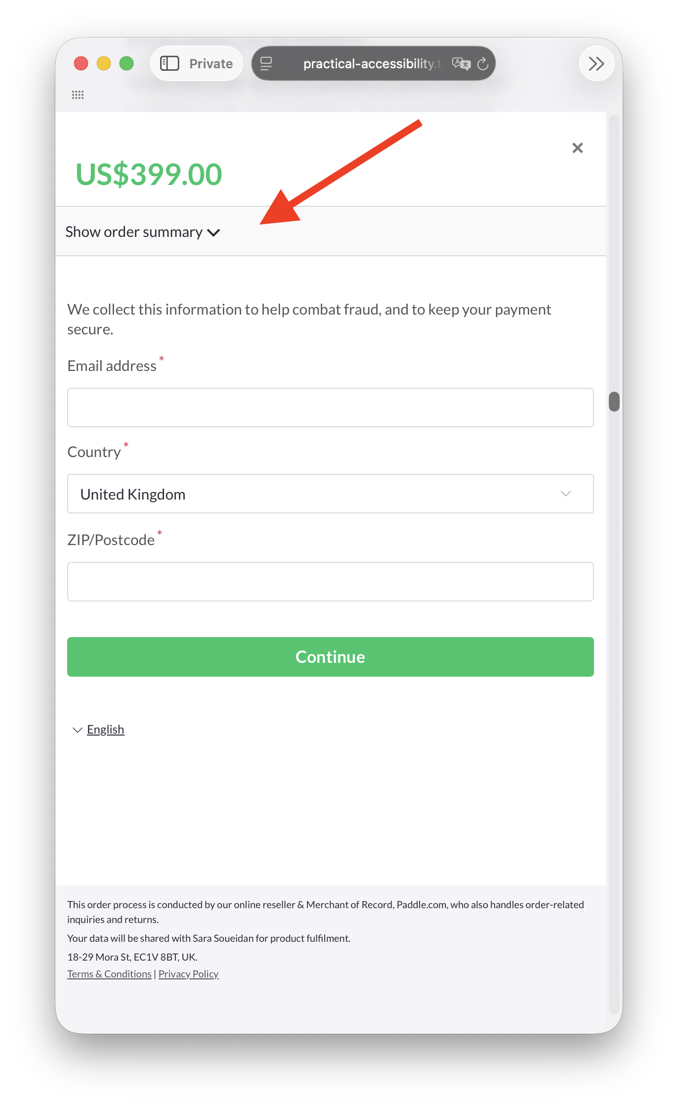 Screenshot of the Paddle checkout page on mobile showing the Order Details section in its collapsed state